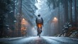 A lone cyclist pedaling down a snowy road through a forest at night illuminated by headlights and the glow of distant lights.