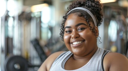 Wall Mural - Smiling woman with curly hair and headband wearing a gray tank top standing in a gym with exercise equipment in the background.