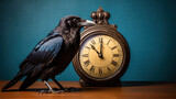 Fototapeta Sypialnia - black raven and clock. hour of death