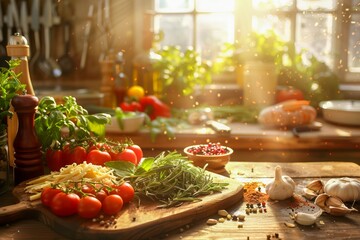 Sunlit Rustic Kitchen with Fresh Vegetables and Pasta on Wooden Table