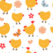 Seamless pattern with little chickens on a background of sun flowers, butterflies. A fun summer abstract print with a domestic bird. Vector graphics.