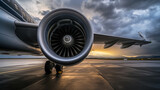 Fototapeta  - Close-up of turbine engine of a private luxury jet aircraft on the runway. Luxury travel concept. Generative AI