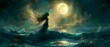 Moonlit Sea Enchantress in Watercolor Waves. Concept Seascape Painting, Moonlight Reflections, Watercolor Art, Enchantress Portrait, Marine Fantasy