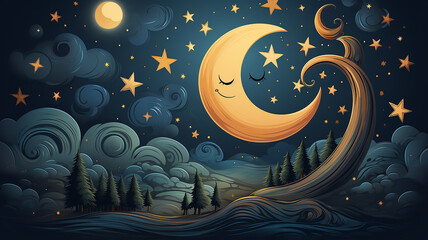Wall Mural - cartoon crescent moon on a blue sky background, art character, good night children