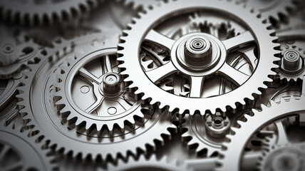 white gears, teamwork business abstract background texture a lot of gears complex mechanics mechanism work, light metal or plastic