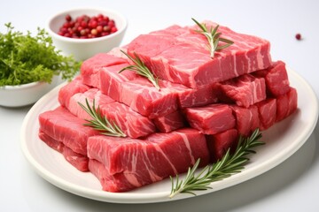 Raw beef on plate with Coriander leaves isolated