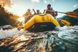 A group of people are rafting down a river, with one person wearing a yellow life jacket
