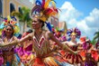 A group of people are dancing in a parade, wearing colorful costumes and feathers. Scene is lively and celebratory, as the people are dressed up and enjoying themselves