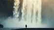 A man stands in front of a waterfall, looking out at the misty landscape. The scene is serene and peaceful, with the sound of the waterfall providing a calming background noise