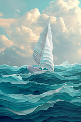 Wall Mural - illustration  of a sailing boat in the ocean in paper cut style