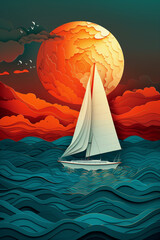 Wall Mural - sea landscape with sailboat in paper cut style.