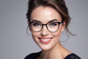 Portrait beautiful blonde model woman in glasses with white teeth smile, healthy hair and beauty skin on gray background. Concept of vision correction, dentist and facial care. Generative AI