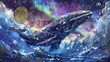 Cosmic beluga whale soaring amidst a vibrant aurora borealis, juxtaposing wildlife with cryptocurrency and digital finance concepts