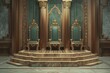 Opulent royal throne room with twin velvet chairs and gilded columns, concept of luxury, power, and aristocratic lifestyle