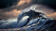Create a captivating image capturing the essence of a powerful wave in the vastness of the ocean. 