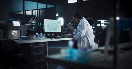 Aufkleber - Genetic Research Scientist Using Microscope in an Applied Science Laboratory in the Evening. Portrait of a Beautiful Female Lab Engineer in White Coat Developing New Medical Products