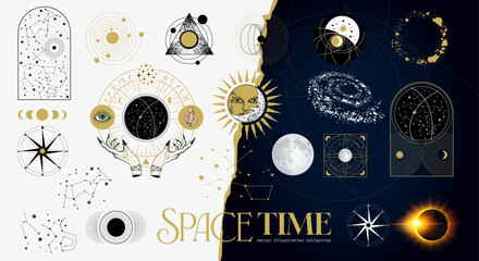 mysterious astrology and astronomy universe themed objects and star zodiac patterns. vector illustra