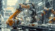 A futuristic robot arm effortlessly moving products along an assembly line in a large warehouse ,super realistic,soft shadown