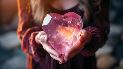 Poster - Female witch hands holding large pink Glow crystal in shape of heart. Witchcraft Wiccan or spiritual practice. Ritual for love and chakra balance. 