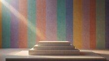 Colorful Pastel Background With Square Podium On The Center With Sunlight Rays From Generative AI