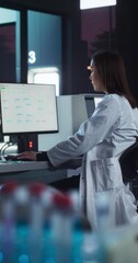 Leinwandbilder - Vertical Screen: Asian Female Scientist Working on a Desktop Computer, Analyzing DNA Samples Alone in the Evening. Advanced Biotechnology Lab in a Medical Research and Development Center