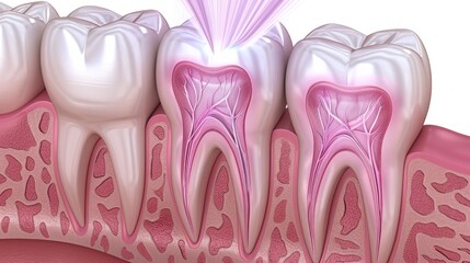A close up of a person's teeth, with the pink color of the gums
