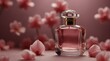 pink petals background with beautiful glass for womens perfume bottle from Generative AI