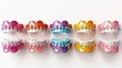 A row of teeth with braces in different colors