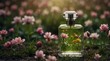 spring flower field background with beautiful glass for womens perfume bottle from Generative AI