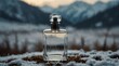 winter mountain field background with beautiful glass for womens perfume bottle from Generative AI