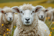 Curious Sheep In Pasture: Captivating Flock Portrait With Vivid Details