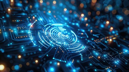 Aufkleber - The background of the poster is blue, with a small amount of light which incorporates elements such as circuit board pattern rays which are not very obvious shining from it. Generative AI.