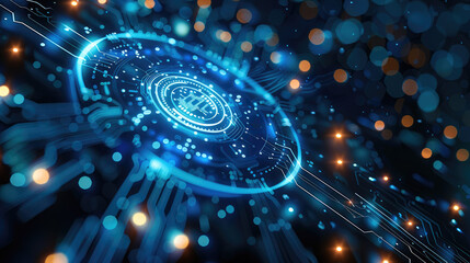 Aufkleber - The background of the poster is blue, with a small amount of light which incorporates elements such as circuit board pattern rays which are not very obvious shining from it. Generative AI.