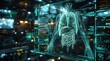 In a futuristic interface, mosaic icons representing organs like the lung, pancreas, and liver are displayed in virtual reality. These icons are made of translucent lines and dots