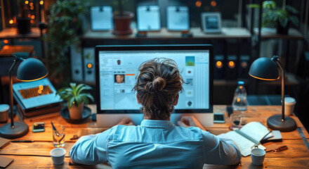 Aufkleber - High angle shot, office worker looking at screen in office, electronic notifications on computer screen. Generative AI.