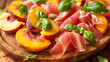 Peach and prosciutto appetizer platter, elegantly combining sweet ripe peaches with salty prosciutto, artfully arranged on a serving dish to offer a tantalizing contrast of flavors and textures