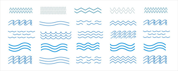 Water wave, sea wave set. Zigzag line. Water logo, symbol vector collection.