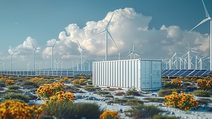 Poster - White storage container with solar panels and wind turbines in the background. Generative AI.