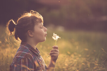 Wall Mural - Cute little girl having fun in a dandelion field