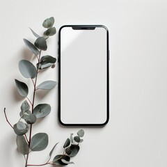 Poster - Modern smartphone with blank screen beside eucalyptus branches on a white background.