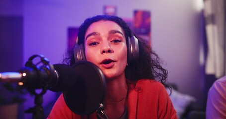 Poster - Podcast, woman and portrait with mic, hosting online radio talk show and live stream in home. Gen z news, influencer or streamer with microphone chat on social broadcast, vlog and content creation