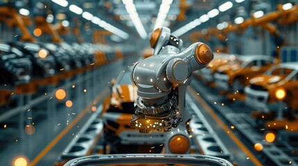 Poster - Industrial robot arm assembling a car part in a factory, soft focus on the robot. Generative AI.