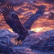 Mountain eagle, soaring, dramatic sky, regal stare, AI-crafted, expansive horizon view