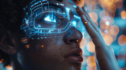 Poster - Information technology with holographic and people. Generative AI.