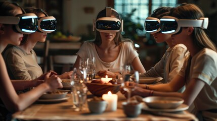 Poster - Family sitting at dinner and everyone wearing virtual reality glasses. Generative AI.