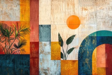 Poster - This mural showcases an abstract geometric design with bold colors and textured surfaces, evoking different feelings