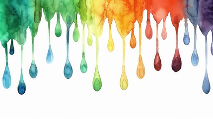 Poster - Colorful watercolor paint drops create a fresh and artistic drippy effect on a pure white background