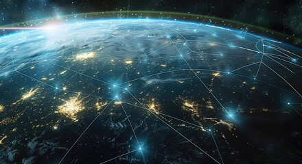 Aufkleber - The internet networking grid on a global scale from space. Generative AI.