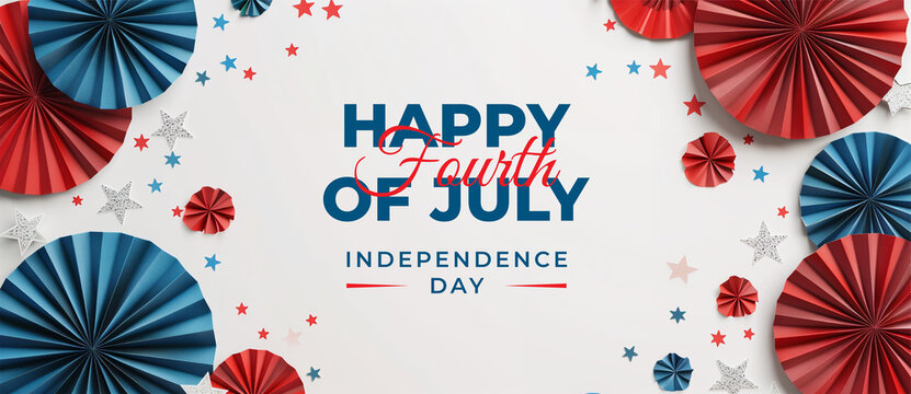 Happy Independence Day, 4th of July, Freedom celebrating banner, 3D red and blue paper fans and stars on white background with copy space. Holiday concept for US National Day, Fourth of July