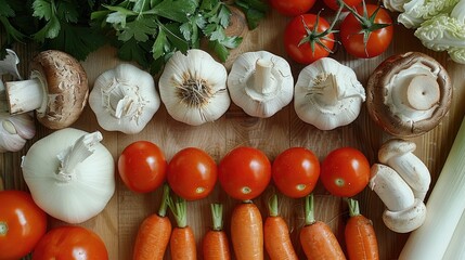 Wall Mural - Fresh vegetables like tomatoes, carrots and garlic are neatly organized